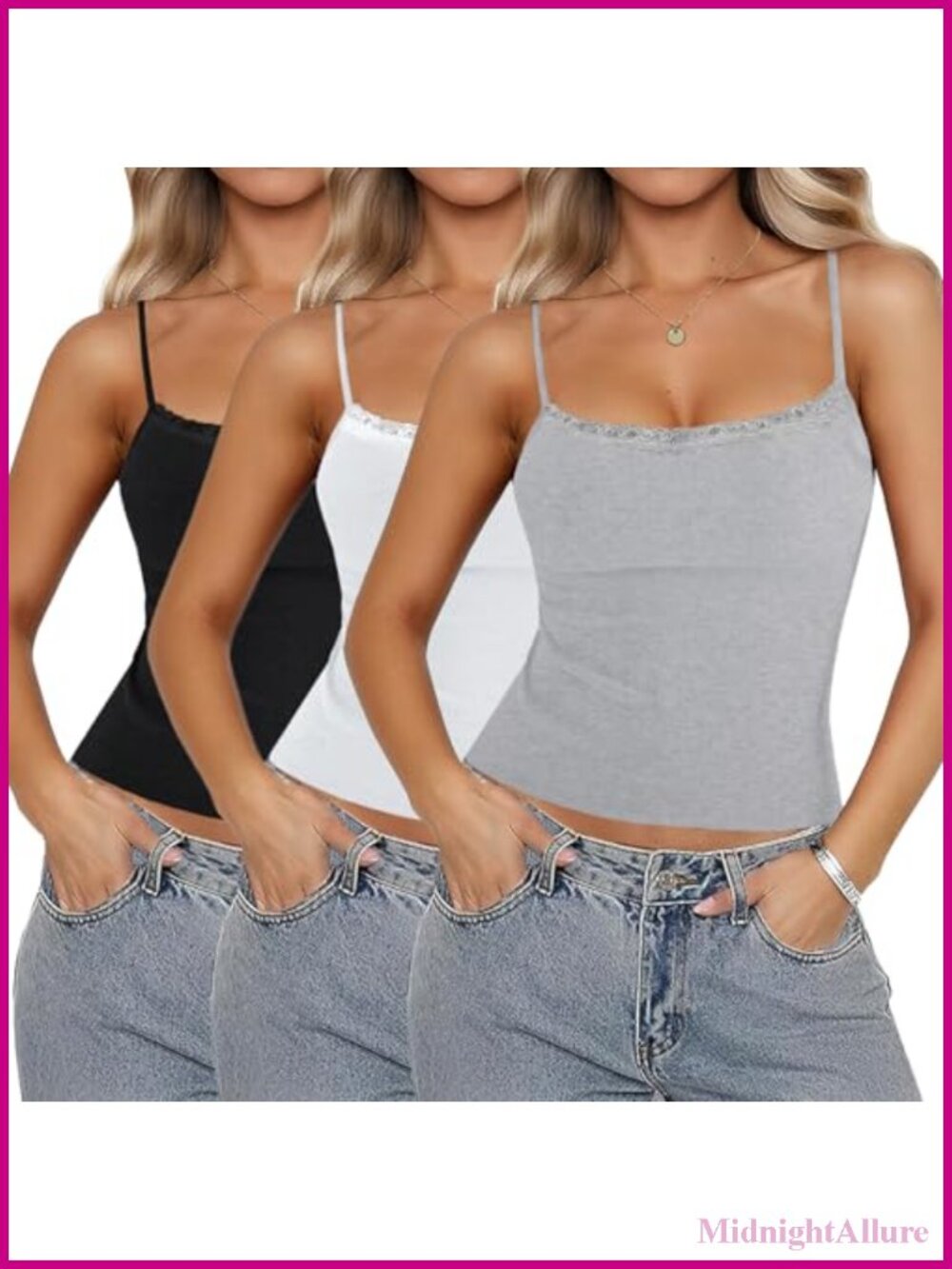 Women's Lace Trim Cami Top Square Neck Adjustable Spaghetti Straps Cropped